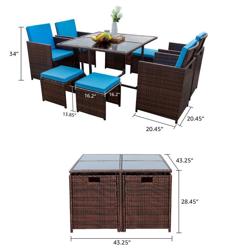Homall 9 Pieces Patio Dining Sets Outdoor Space Saving Rattan Chairs with Glass Table Sectional Conversation Set with Cushions - Blue