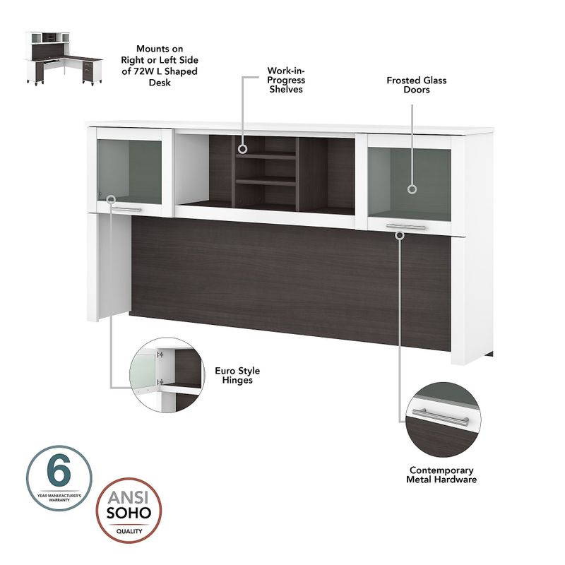 Somerset 72W Sit to Stand L-Desk with Hutch and Bookcase in Ash Gray - Maple Cross