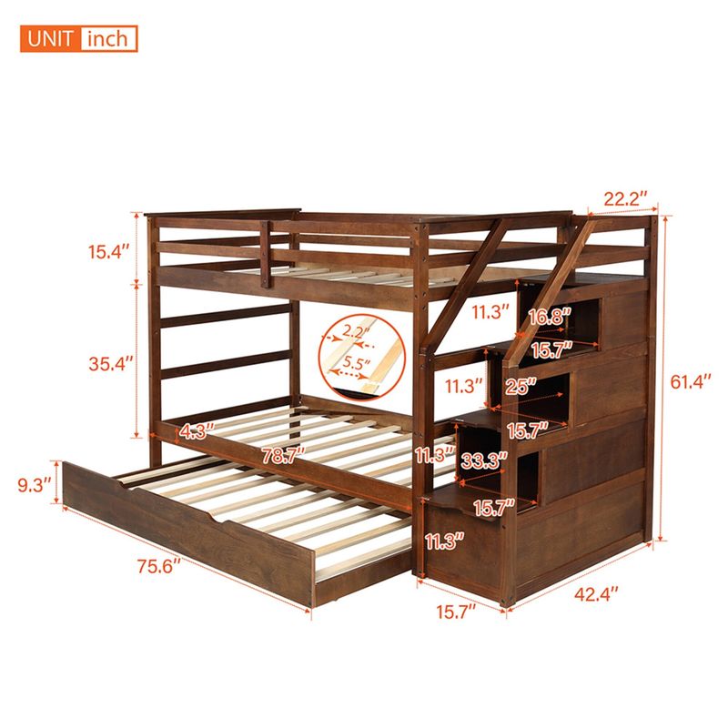 Rent To Own Twin Over Twin Trundle Bunk Bed With 3 Storage Drwers Walnut Walnut Twin