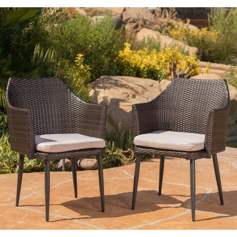 Iona Outdoor Wicker Dining Chair with Cushion (Set of 2) by Christopher Knight Home - Multibrown + Textured Beige + Dark Brown