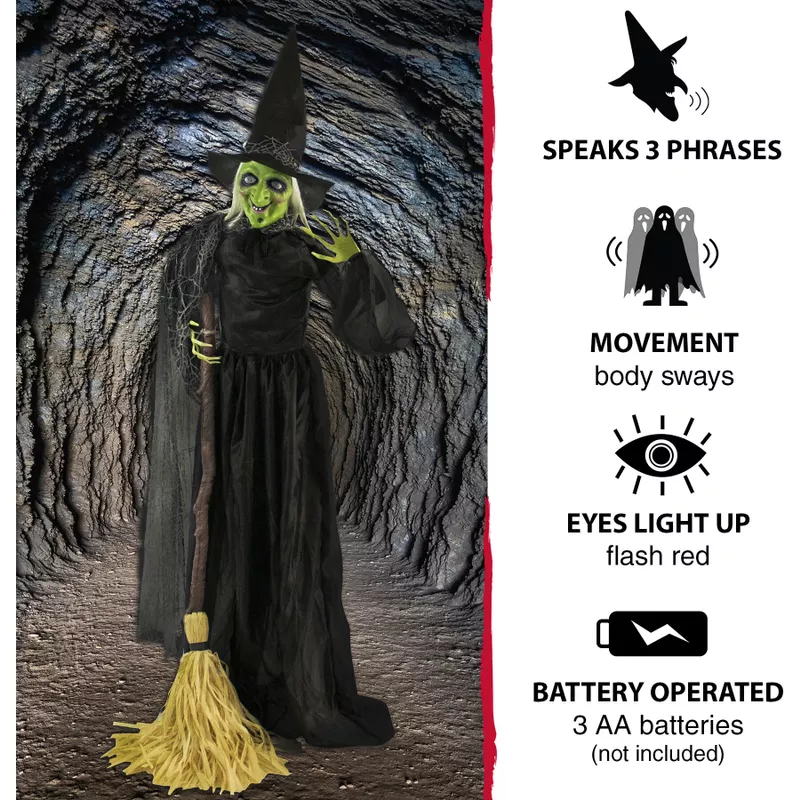 71-In. Animatronic Witch with Broomstick, Indoor or Covered Outdoor Halloween Decoration, Talking, Poseable, Battery-Operated