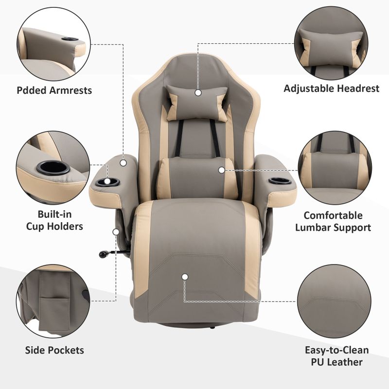 HOMCOM Manual Recliner Armchair PU Leather Lounge Chair w/ Adjustable Leg Rest, 135° Reclining Function, 360° Swivel, Cup Holder - Grey