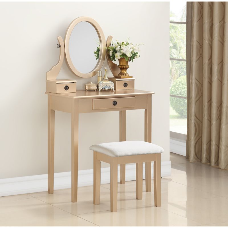 Roundhill Furniture Moniys Wood Moniya Makeup Vanity Table and Stool Set - Rose Gold