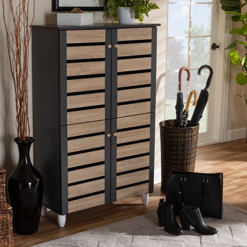 Contemporary Shoe Storage Cabinet - Oak Brown and Dark Gray - No Drawers