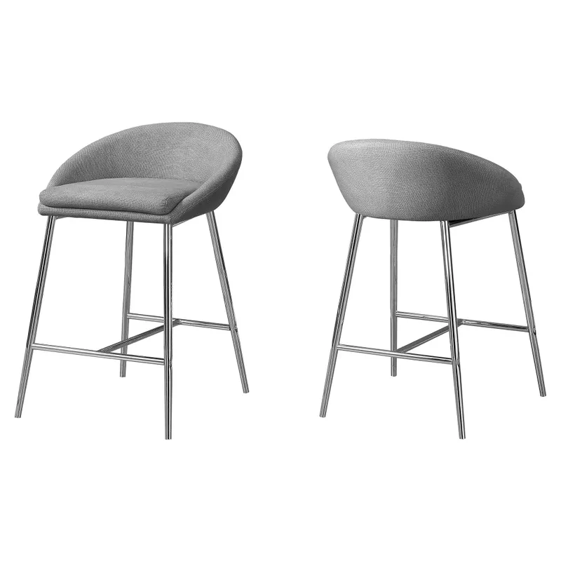 Bar Stool/ Set Of 2/ Counter Height/ Kitchen/ Metal/ Fabric/ Grey/ Chrome/ Contemporary/ Modern