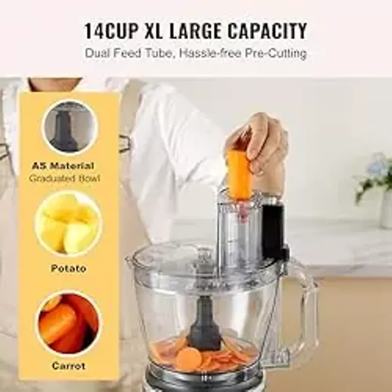 VEVOR Food Processor, 14 Cup Large Vegetable Chopper 600 Watts 2 Speed & Pulse Electric Meat Chopper, 2 In 1 Big Feed Chute & Pusher 5Pcs Blade & Dics for Mixing, Slicing, and Kneading Dough