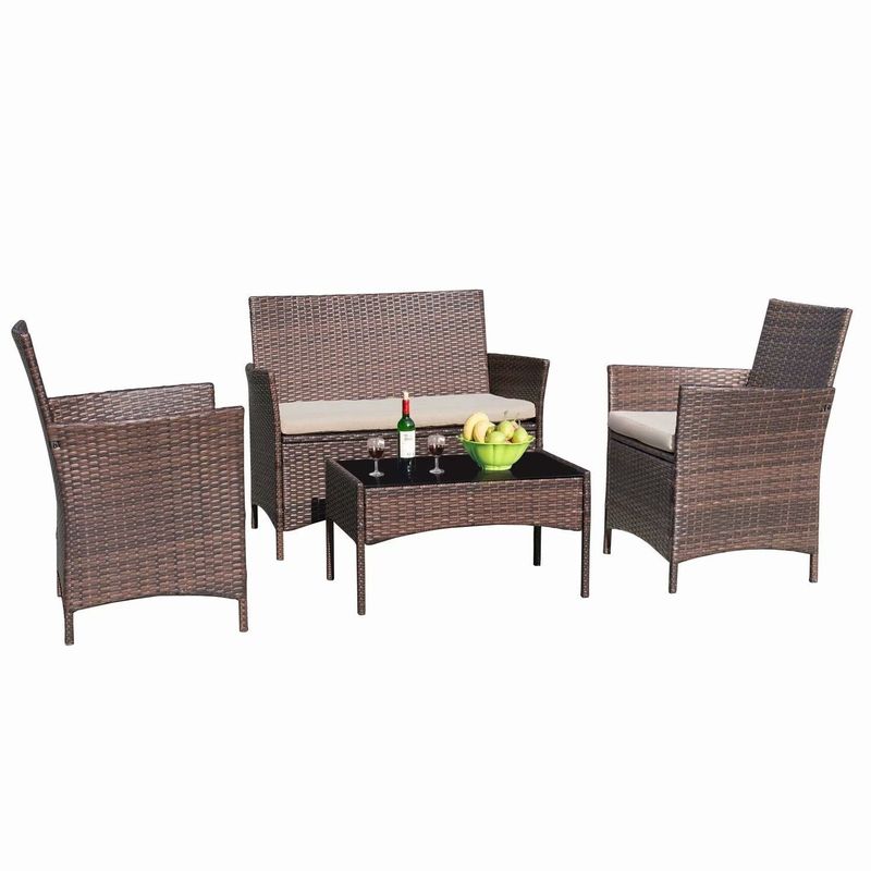 4 Pieces Patio Wicker Furniture Sets Outdoor Indoor Use chair Sets - Brown/Blue