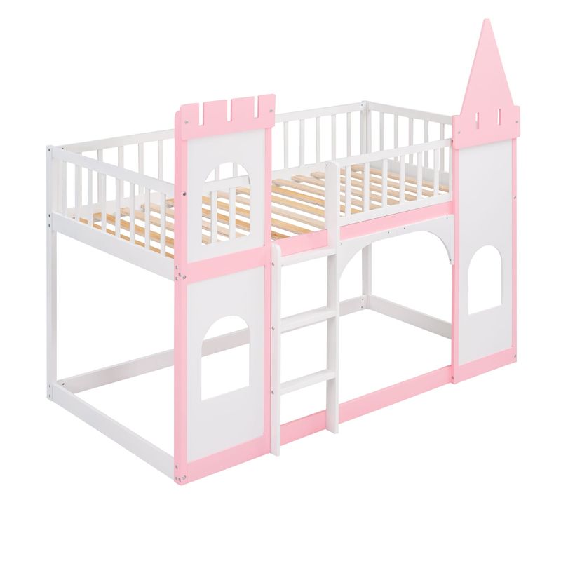 Nestfair Twin Over Twin Castle Bunk Bed with Ladder - Pink