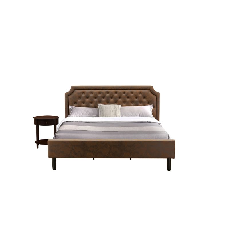 2-Pc Platform Bed Set with a Bed Frame and Antique Mahogany End Table - Dark Brown Faux Leather and Black Legs (Bed Size Option) -...