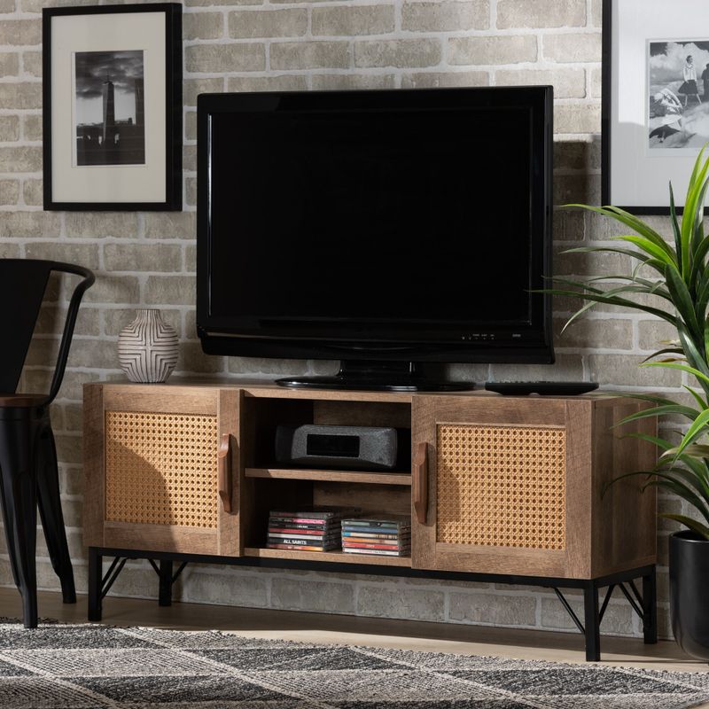 Veanna Bohemian styled 2-Door Wood TV Stand w/ Synthetic Rattan-Brown - Natural Brown, Black