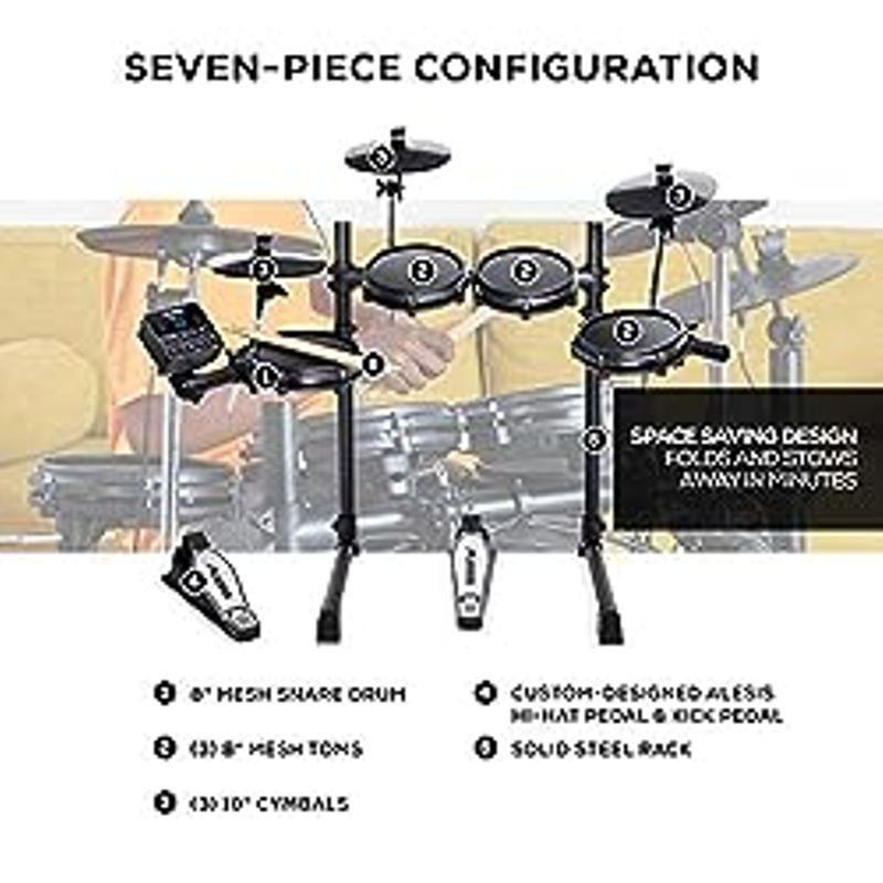 Alesis Turbo Mesh Kit  Electric Drum Set With 100+ Sounds, Quiet Mesh Drum Pads, Drum Sticks, Connection Cables, Drum Lessons