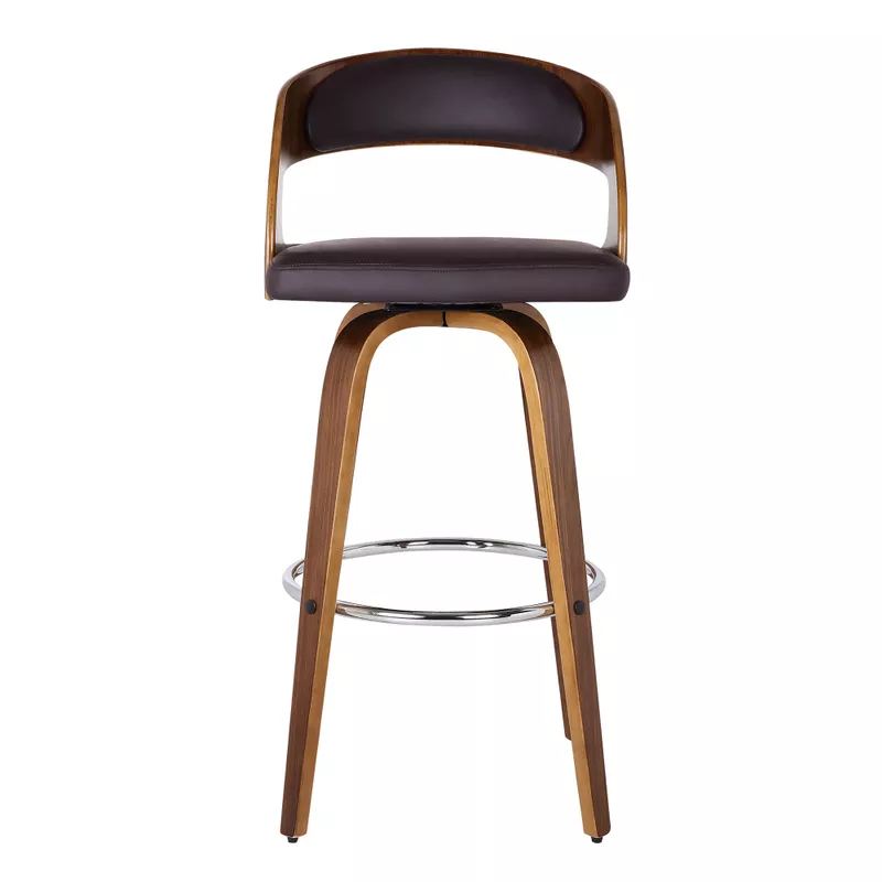 Shelly 30" Bar Height Swivel Brown Faux Leather and Walnut Wood Bar Stool