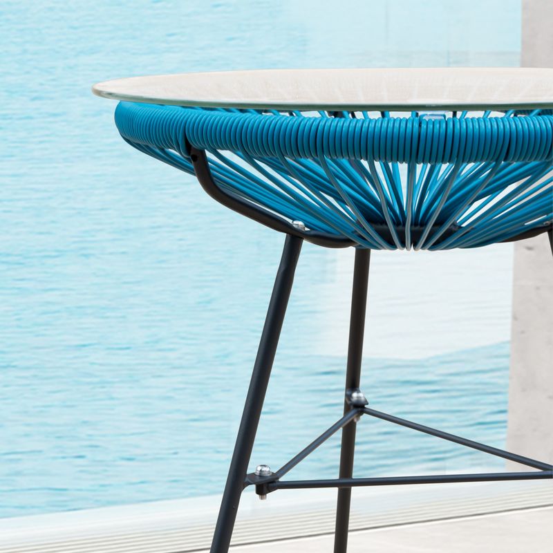 Sarcelles Modern Woven Wicker Patio Side Table with Glass Top by Corvus - Peacock