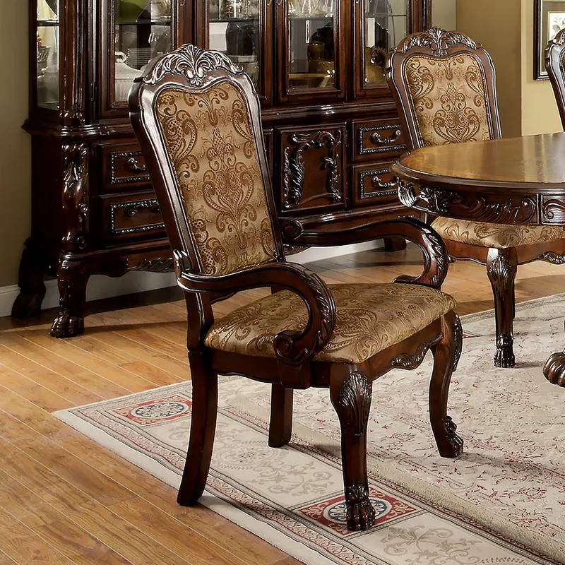 Traditional Fabric Padded Dining Arm Chairs in Brown/Cherry (Set of 2)