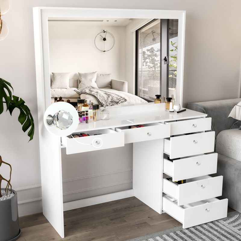 Boahaus Modern Vanity Table, White, 7 Drawers, Wide Mirror - White- Crystal Ball Knobs