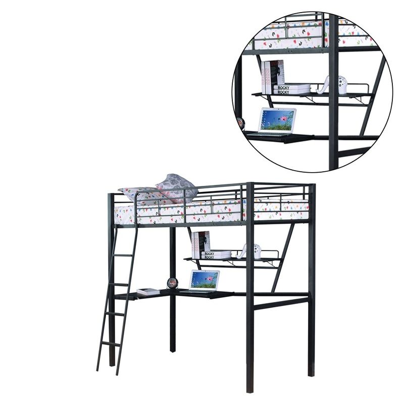 Metal Twin Loft Bed with Desk in Silver and Black - Silver and Black - Twin