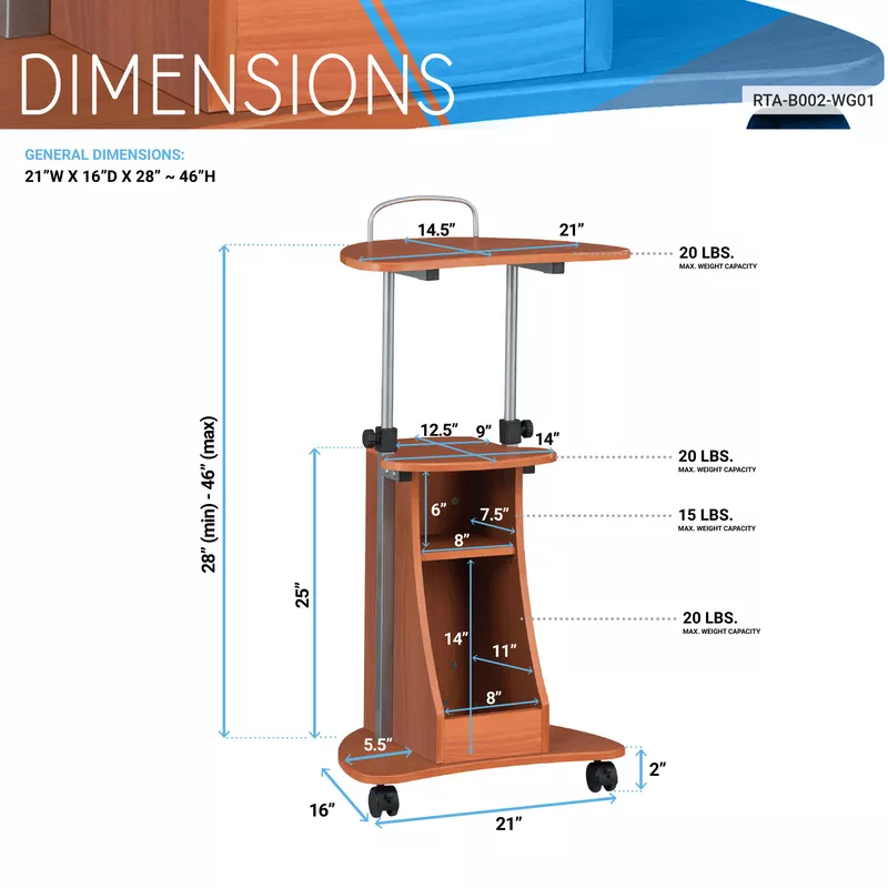 Sit-to-Stand Rolling Adjustable Height Laptop Cart with Storage, Woodgrain