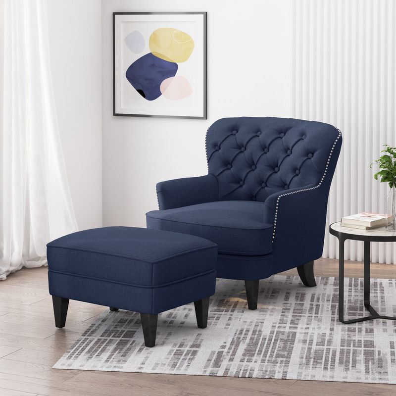 Correia Club Chair and Ottoman Set by Christopher Knight Home - Blue + Dark Brown