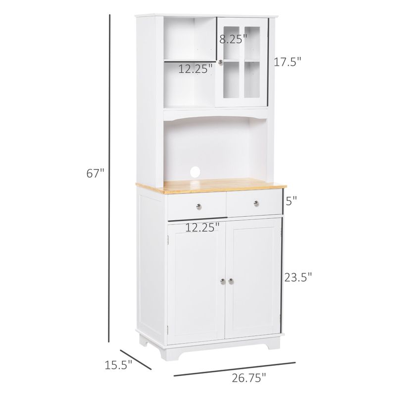 HOMCOM 67" Kitchen Buffet with Hutch, Pantry with Framed Doors, 2 Drawers, and Open Microwave Countertop - 26.75"x 15.5" x 67" - White