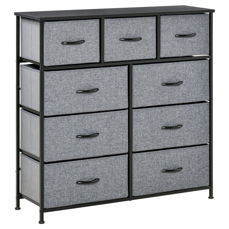 HOMCOM 9 Drawers Storage Chest Dresser Organizer Unit w/ Steel Frame, Wood Top, Easy Pull Fabric Bins, for Bedroom, Hallway - Oak & Grey