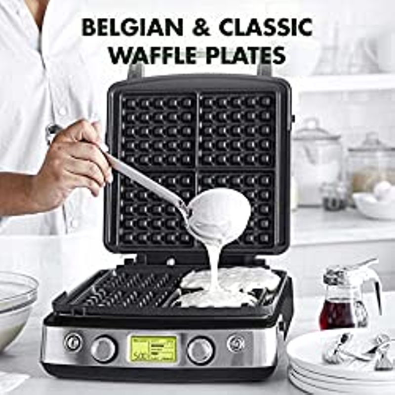GreenPan Elite 4-Square Belgian Waffle Iron, Healthy Ceramic Nonstick Plates, Easy One-Touch Presets, Black