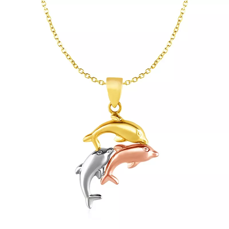 Pendant with Three Dolphins in 10k Tri Color Gold (18 Inch)
