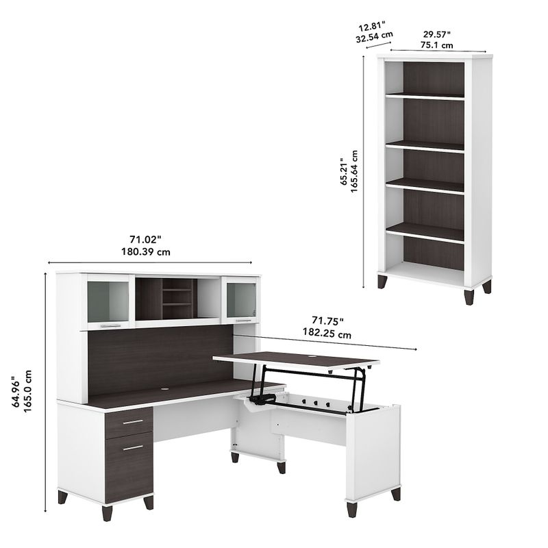 Somerset 72W Sit to Stand L-Desk with Hutch and Bookcase in Ash Gray - Maple Cross