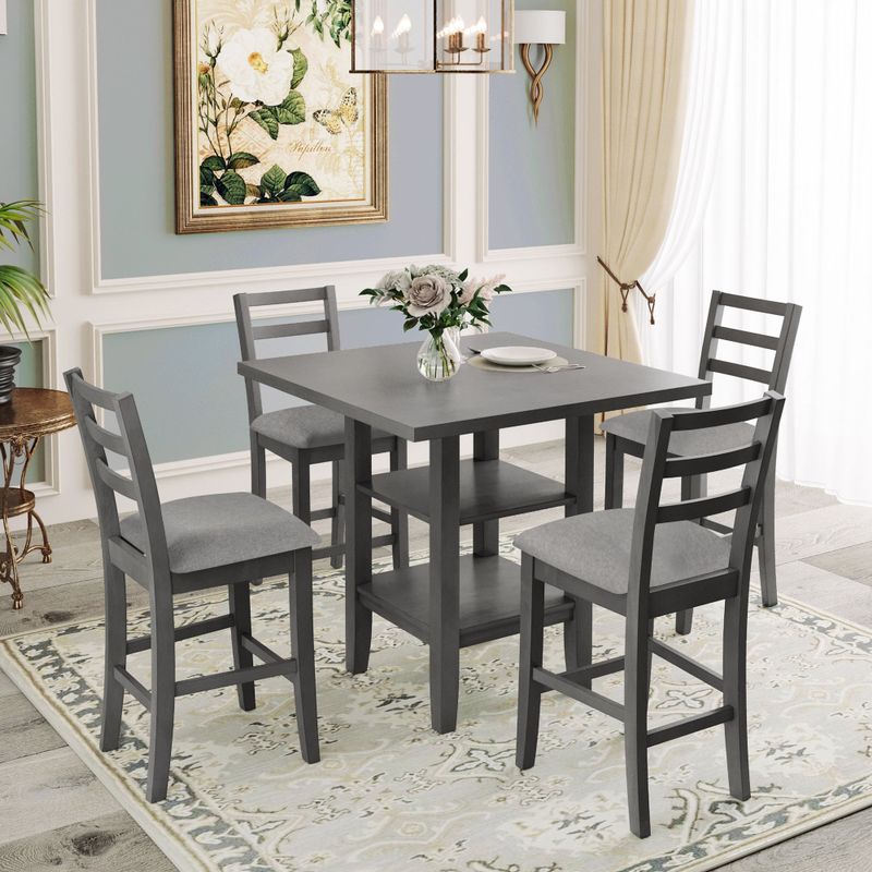 Nestfair 5-Piece Wooden Counter Height Dining Set with Padded Chairs and Storage Shelving - Grey