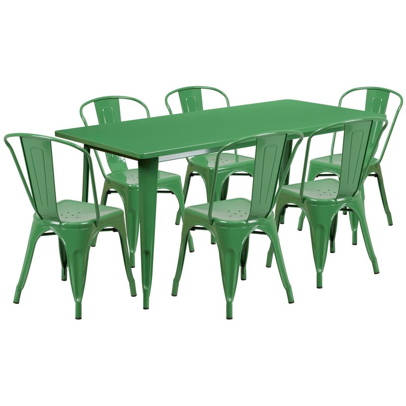 31.5" x 63" Rectangular Metal Indoor-Outdoor Table Set with 6 Stack Chairs - Blue