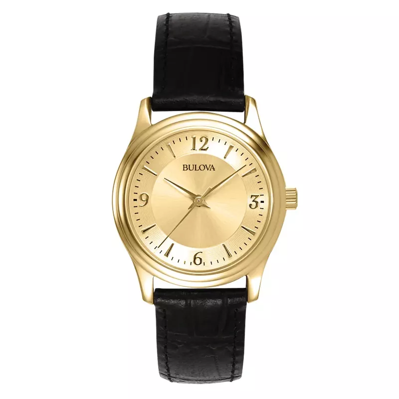 Bulova - Corporate Ladies Gold-Tone Black Leather Strap Watch Gold Dial