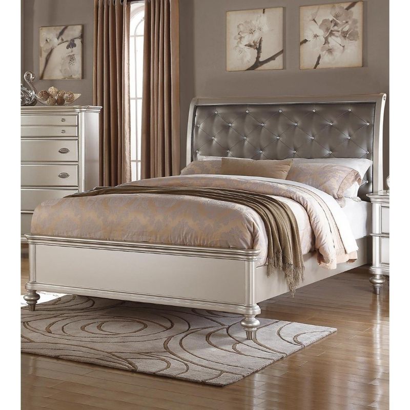 Opulent Wooden E.King Bed With Silver PU Tufted HB, Shinny Silver Finish