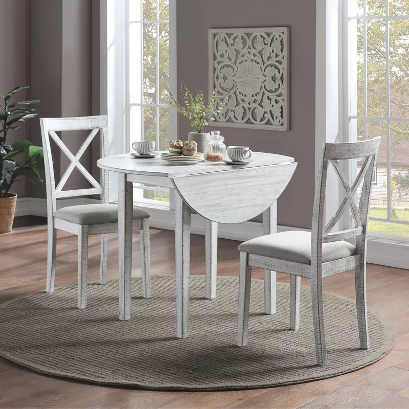 Transitional Wood 3-Piece Round Dining Set in Antique White