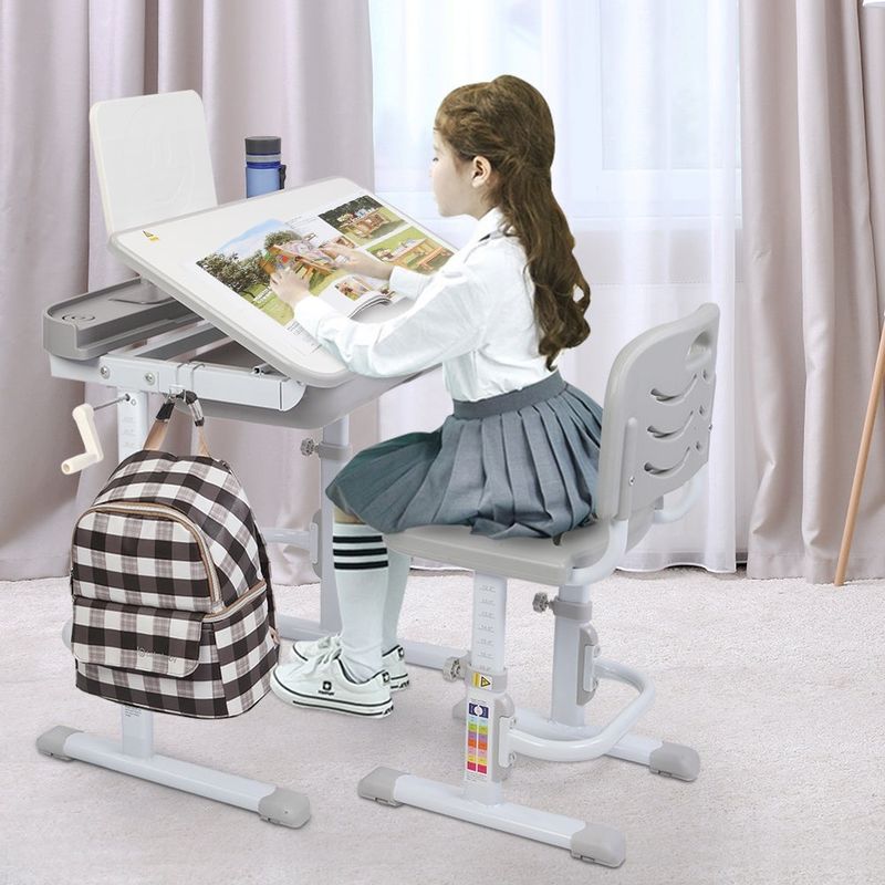 Hand-Operated Lifting Table Top Can Tilt Children's Study Desk,Chair - Grey