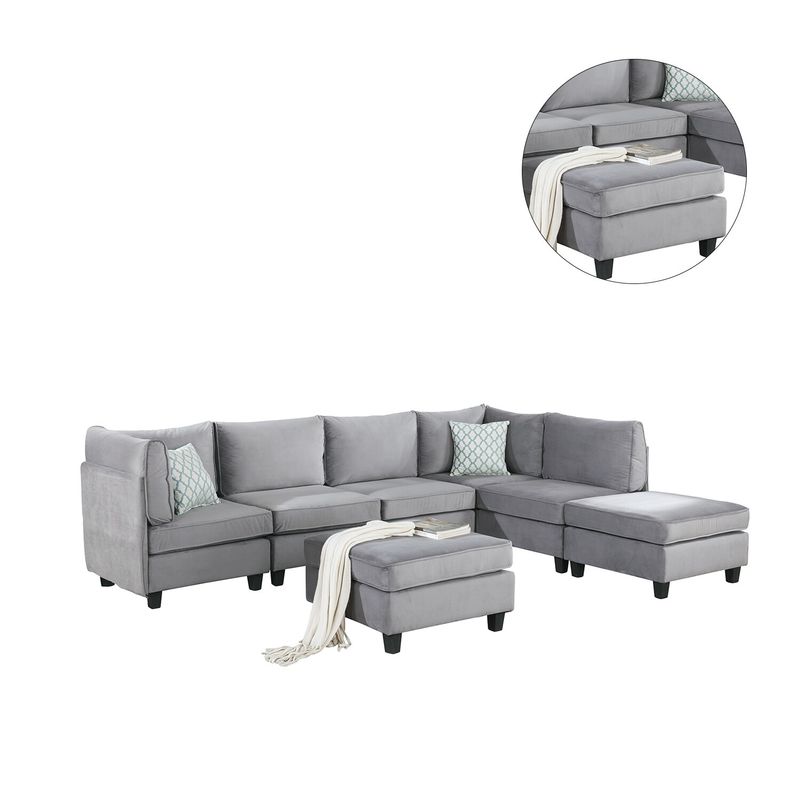 7 Piece Velvet Modular Sectional Sofa with Ottoman, Gray - Gray - Reversible