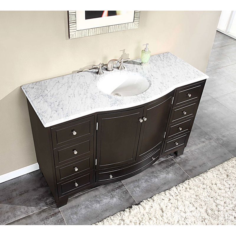 Silkroad Exclusive 55-inch Carrara White Marble Stone Top Bathroom Single Sink Cabinet Vanity - White Marble Top
