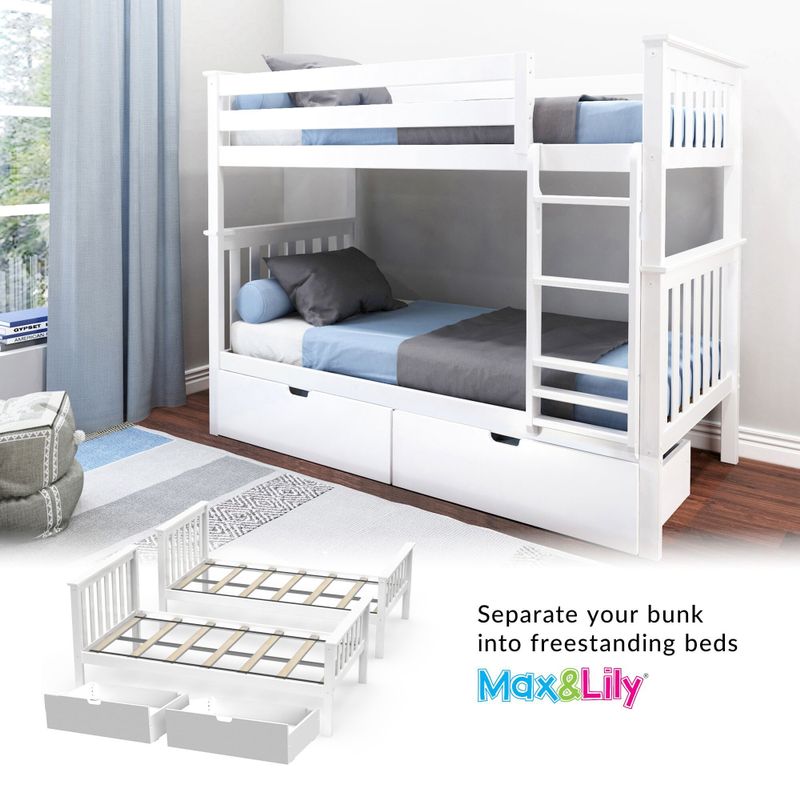 Max & Lily Twin over Twin Bunk Bed with Under Bed Storage Drawers - White