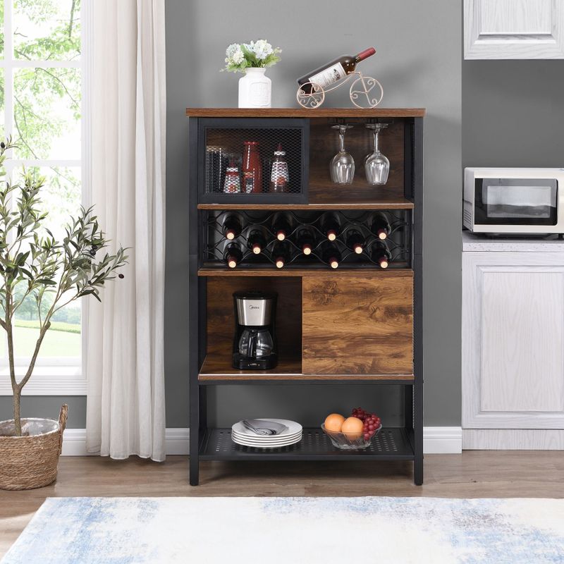 Industrial Bar Cabinet with Wine Rack for Liquor and Glasses - Grey