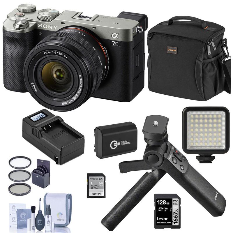 Sony Alpha 7C Mirrorless Digital Camera with FE 28-60mm Lens, Silver, Bundle with Sony ACCVC1 Vlogger Accessory Kit, Bag, 128GB SD...