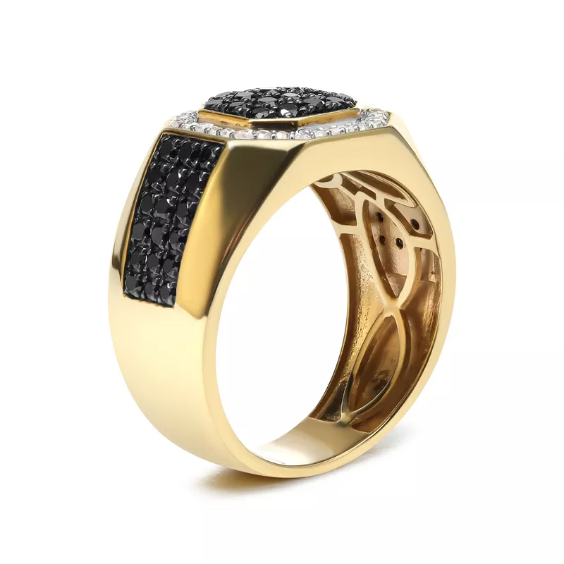 Men's 14K Yellow Gold Plated .925 Sterling Silver 1 1/4 Cttw White and Black Diamond Signet Style Band Ring (Black / I-J Color, I2-I3 Clarity) - Size 11