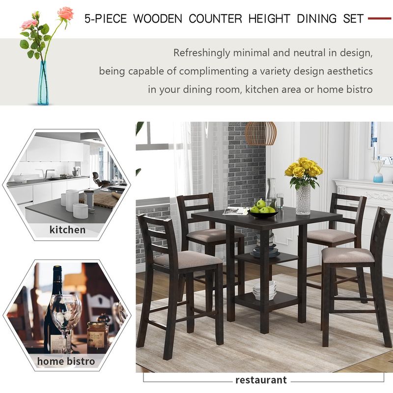 Nestfair 5-Piece Wooden Counter Height Dining Set with Padded Chairs and Storage Shelving - Grey