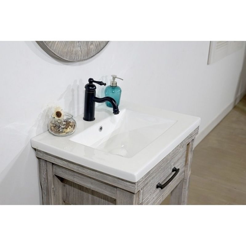 24"Rustic Solid Fir Single Sink Bathroom Vanity in Grey Driftwood Finish with Ceramic Top-No Faucet