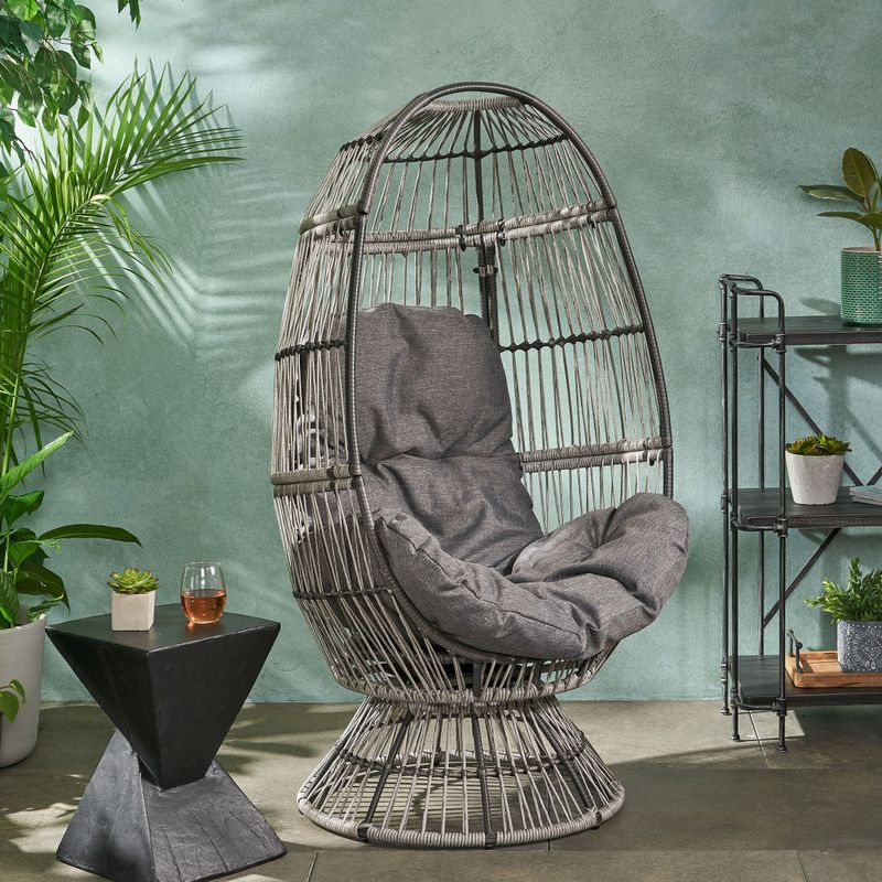 Pintan Outdoor Wicker Swivel Egg Chair with Cushion by Christopher Knight Home - Gray + Taupe + Dark Gray Cushion