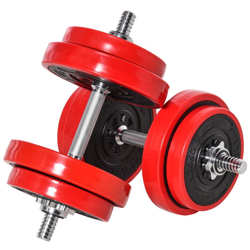 Soozier 44lbs Two-In-One Dumbbell & Barbell Adjustable Set Strength Muscle Exercise Fitness Plate Bar Clamp Rod Home Gym Sports - Red