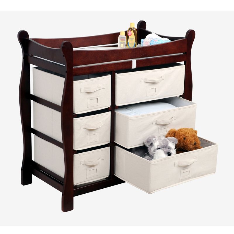 Sleigh Style Baby Changing Table with Six Baskets - White/White Baskets