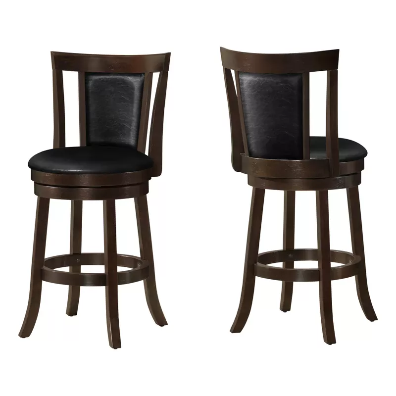 Bar Stool/ Set Of 2/ Swivel/ Counter Height/ Kitchen/ Wood/ Pu Leather Look/ Brown/ Black/ Transitional