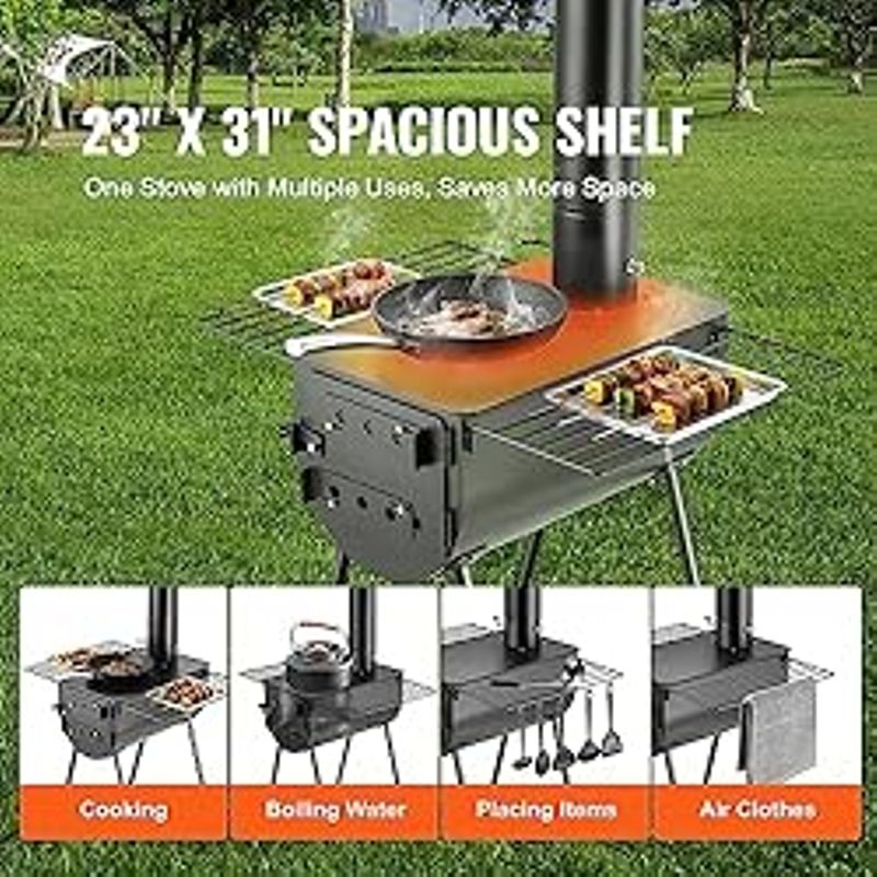 VEVOR Wood Stove, 118 inch, Alloy Steel Camping Tent Stove, Portable Wood Burning Stove with Chimney Pipes & Gloves, 3000inFirebox Hot...