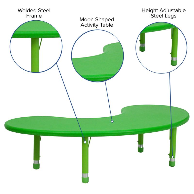 35"Wx65"L Half-Moon Plastic Adjustable Activity Table-School Table for 8 - Green