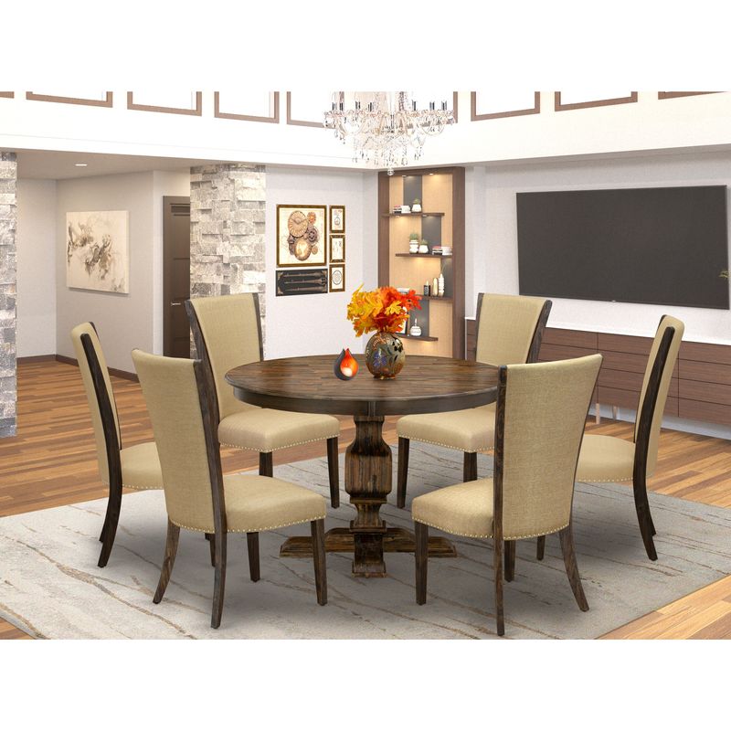 Kitchen Table Set - Pedestal Table and Brown Modern Parson Chairs with High Back - Distressed Jacobean Finish (Pieces Option) - F3VE5-703