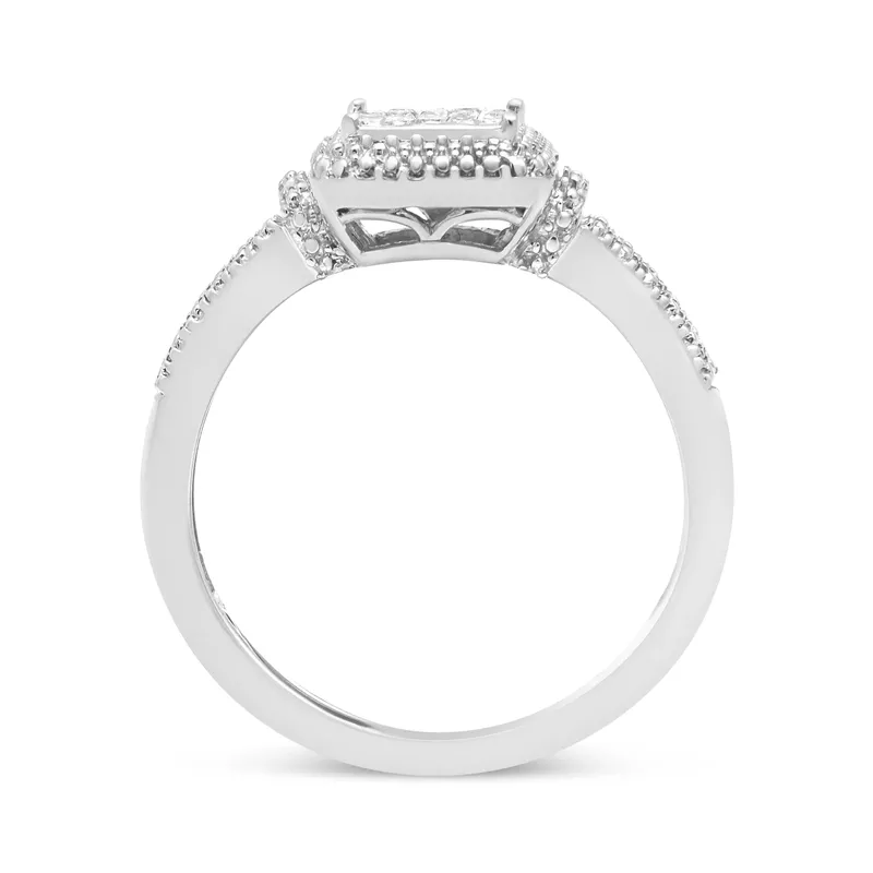 .925 Sterling Silver 1/4 Cttw Princess-cut Diamond Composite Ring with Beaded Halo (H-I Color, SI1-SI2 Clarity) - Size 12