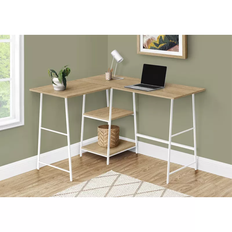 Computer Desk/ Home Office/ Corner/ Storage Shelves/ 48"L/ L Shape/ Work/ Laptop/ Metal/ Laminate/ Natural/ White/ Contemporary/ Modern